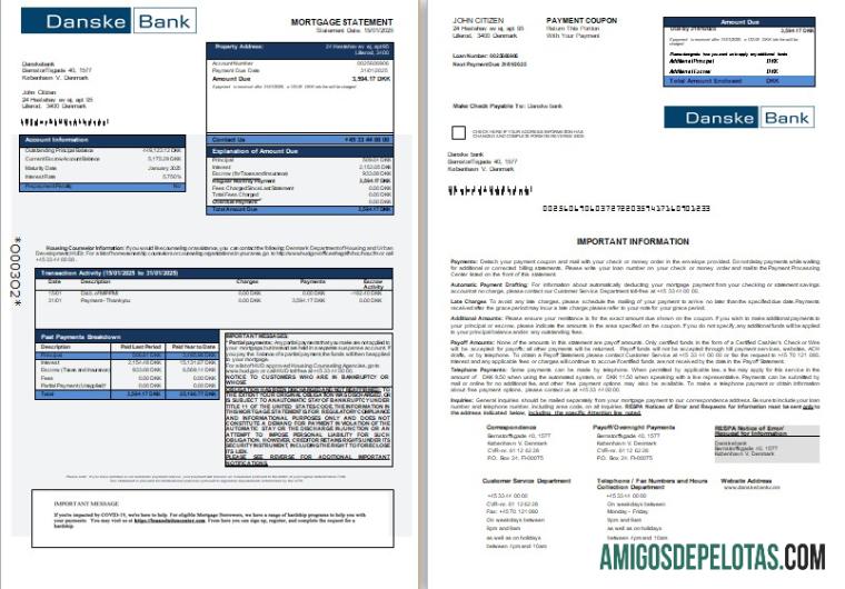 Extrato de hipoteca do banco Danskebank da Dinamarca, 3 páginas, 1 2 Scr amostra